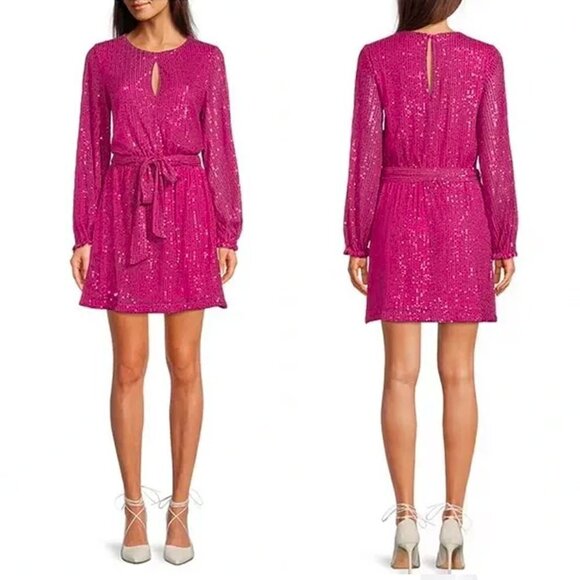 LDT Size 6 Pink Sequined Long Sleeve Short Dress Belted Pockets Cocktail A-Line - Picture 1 of 16